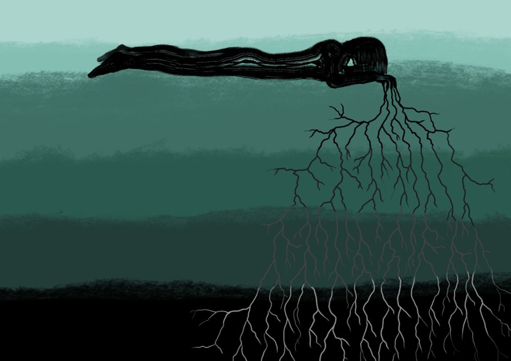 Silhouette of a person lying down near the top of the picture. Their hand is resting beside them with their fingers pointed downward. The fingers morph into roots and extend downward to the bottom of the picture. The background is layered like strata from black at the bottom, to dark green and lighter shades of green up to the top where the person is lying down. Because of the background colors and the position of the person near the top they look like they could either be floating or resting on the ground.