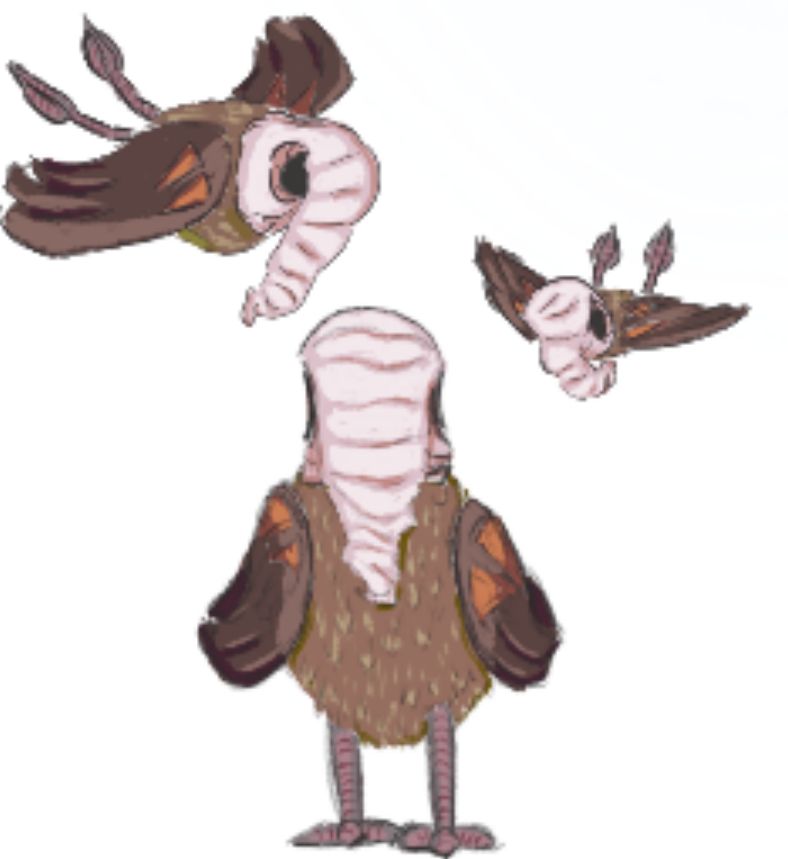 Mana vultures, creatures from Haligon (The world Petra, Elizabeth, and others come from) that fly above warfare and battlefields sucking the aura out of the people fighting. They are blind and can shoot out arcanic goo to defend themselves in a pinch.