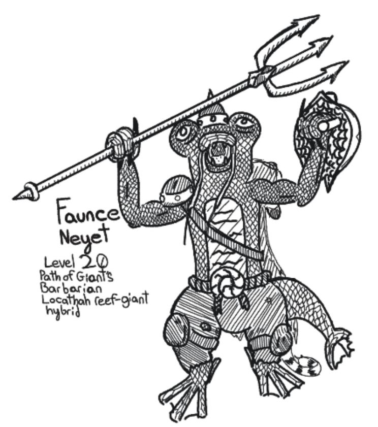 An older D&D 5e character named Faunce Neyet. He is based off an orange catfish with more human body shapes because his father was a reef giant. Faunce is the first and only character I've gotten to level 20!
