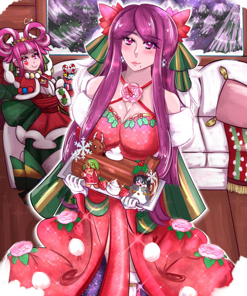 Illustration of Ivy and Hortensia from Fire Emblem Engage in a winter lodge. Ivy is wearing a wintery version of her regular outfit - a sparkly red dress adorned with pink camellias and mistletoe, and green ribbons behind her. Ivy is smiling warmly at the viewer. She is serving a Yule log, featuring a gingerbread Tiki and Snowman Kellam. In the background, Hortensia is in her Christmas alt, sitting on a couch enjoying some hot chocolate (with marshmallow Sommie!!) It is snowy and dark outside, in the middle of a pine tree forest.