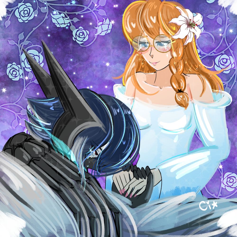 Colored Sketch illustration of Lif and the requester's OC. Lif is wearing his rearmed attire, kneeling down, holding Miranda's hands and silently crying. Miranda wears a flowy white gown. She looks upon Lif fond and relieved. She too has tears in her eyes.