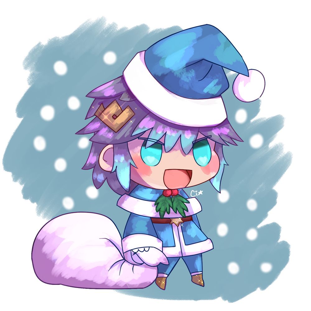 Hrid from Fire Emblem Heroes drawn as padoru padoru chibi. He is wearing blue festive clothes and a Nifl crest on his belt.
