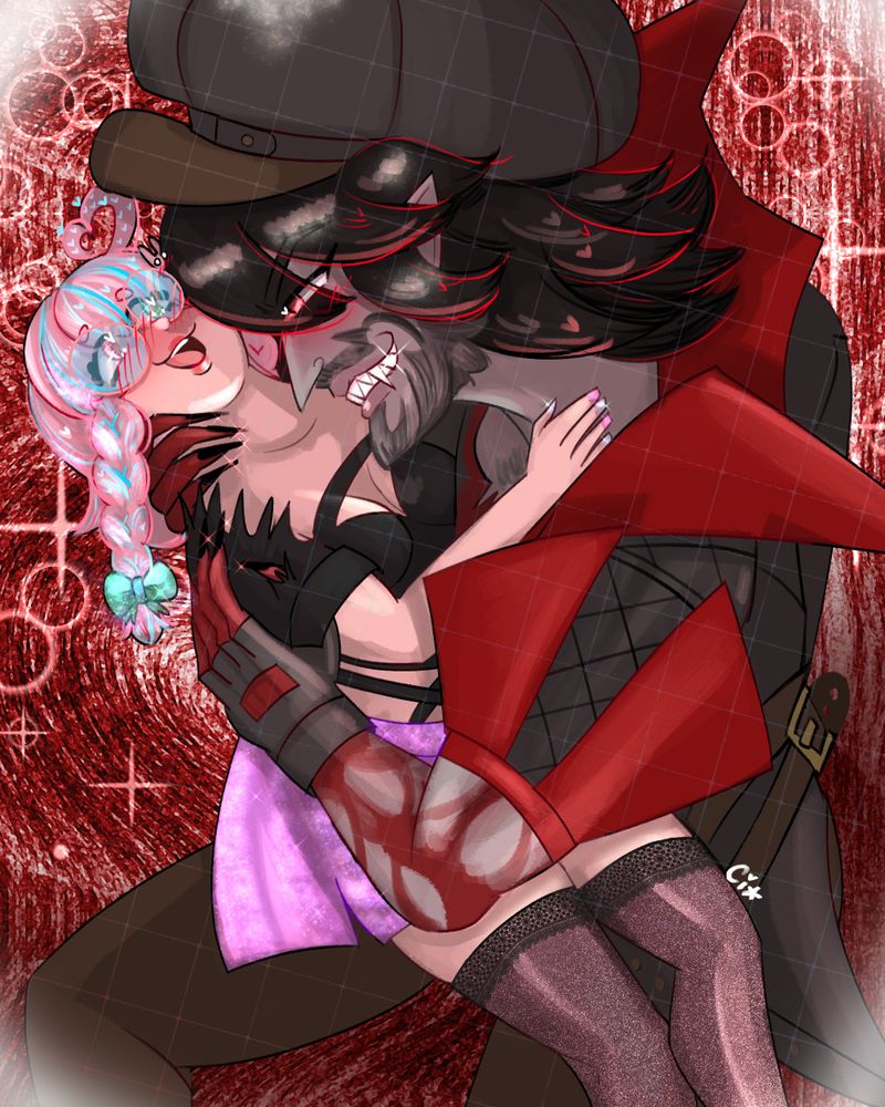Thigh-up illustration of Gracie and the Drifter. The Drifter towers over Gracie and he holds her in a tight embrace.
Gracie has pink and aqua hair tied in long braids in the front, with a heart ahoge bouncing from her bangs. She has pink and green heterochromia and is wearing pink circle glasses, a black top, a purple galaxy skirt and thigh high stockings. Her sleeves have been torn off by Drifter's claws, exposing her neck. The Drifter wears a hat and jacket in browns and reds. He grins delightfully with his sharp fangs, ready to drink from his partner's/prey's neck.