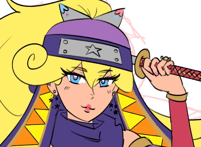 Cropped WIP preview of Ninja Sky. Her hair is up in a ponytail, she has a ninja headband hoodie like Bio Spark's and she's holding a katana.