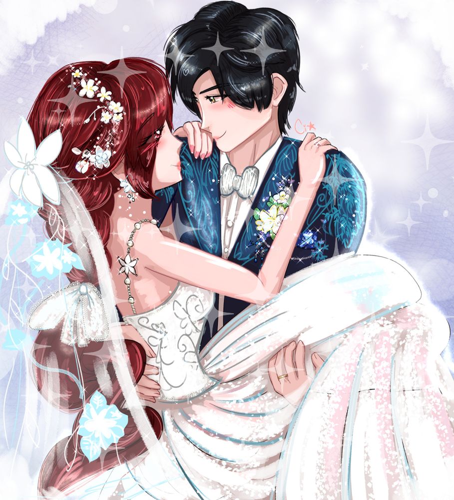 Zayne from Love and Deepspace in his wedding tux, bridal carrying my friend's OC Rosalyne. She is wearing a sparkly white wedding dress with many flowery touches. They gaze into each other's eyes lovingly.