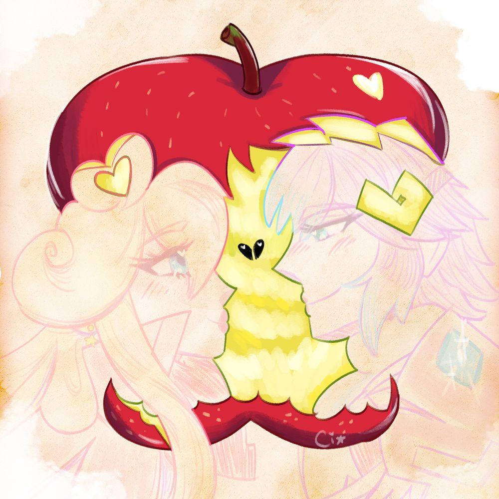 The apple art meme trend whatever you wanna call it. The apple is chewed up to its core with heart shaped seeds in the center. There are little chunks of apple around the core in the shape of a heart and Hrid's crown. On the left Sky is sketched out. On the right Hrid is sketched out.