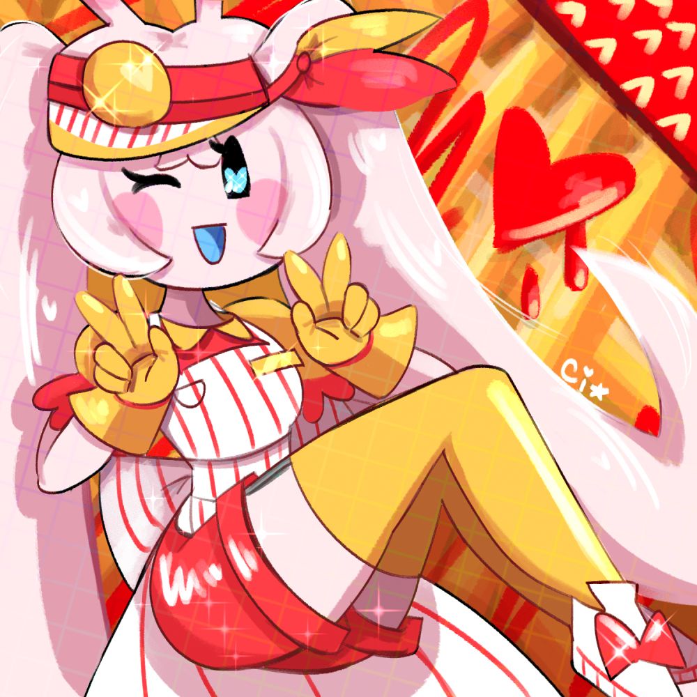 A chibi fullbody sketch of Valentine, yurination's OC. She is a pink bug critter with cartoony eyes, long twintails and antennae and she's dressed in a red, white and yellow fast food waitress outfit. She is winking and making peace signs at the viewer, and there are fries and ketchup in the background.