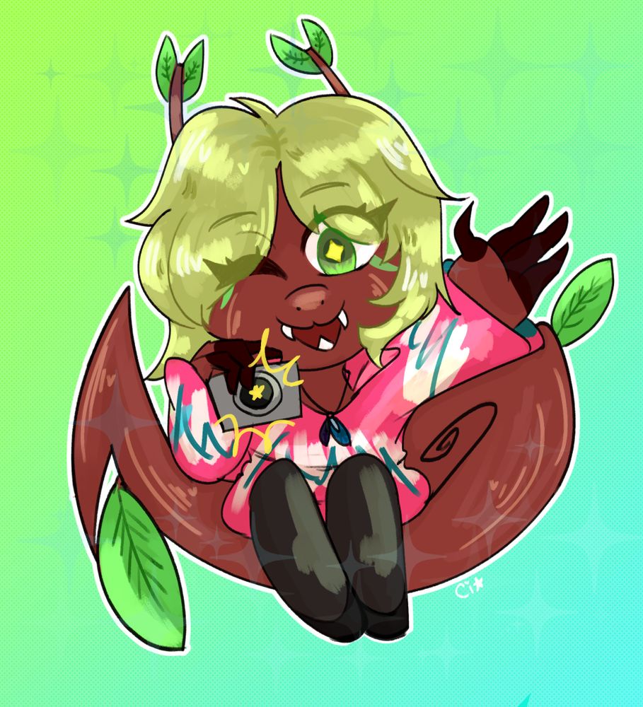 Penny's OC, Tourist. He is a shield / dragon mantis Hybrid with an overbite, fluffy green hair, a solo cup inspired shirt, and leaves on his antlers and tail. He is perched upon his tail, waving with one hand and taking a picture on a camera with the other. One of his fingers is over the camera lens because he's a little clueless.