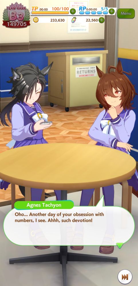Umamusume Pretty Derby screenshot. Agnes Tachyon is chatting with Air Shakur at a table.
"Oho... another day of your obsession with numbers, I see. Ahhh, such devotion!"