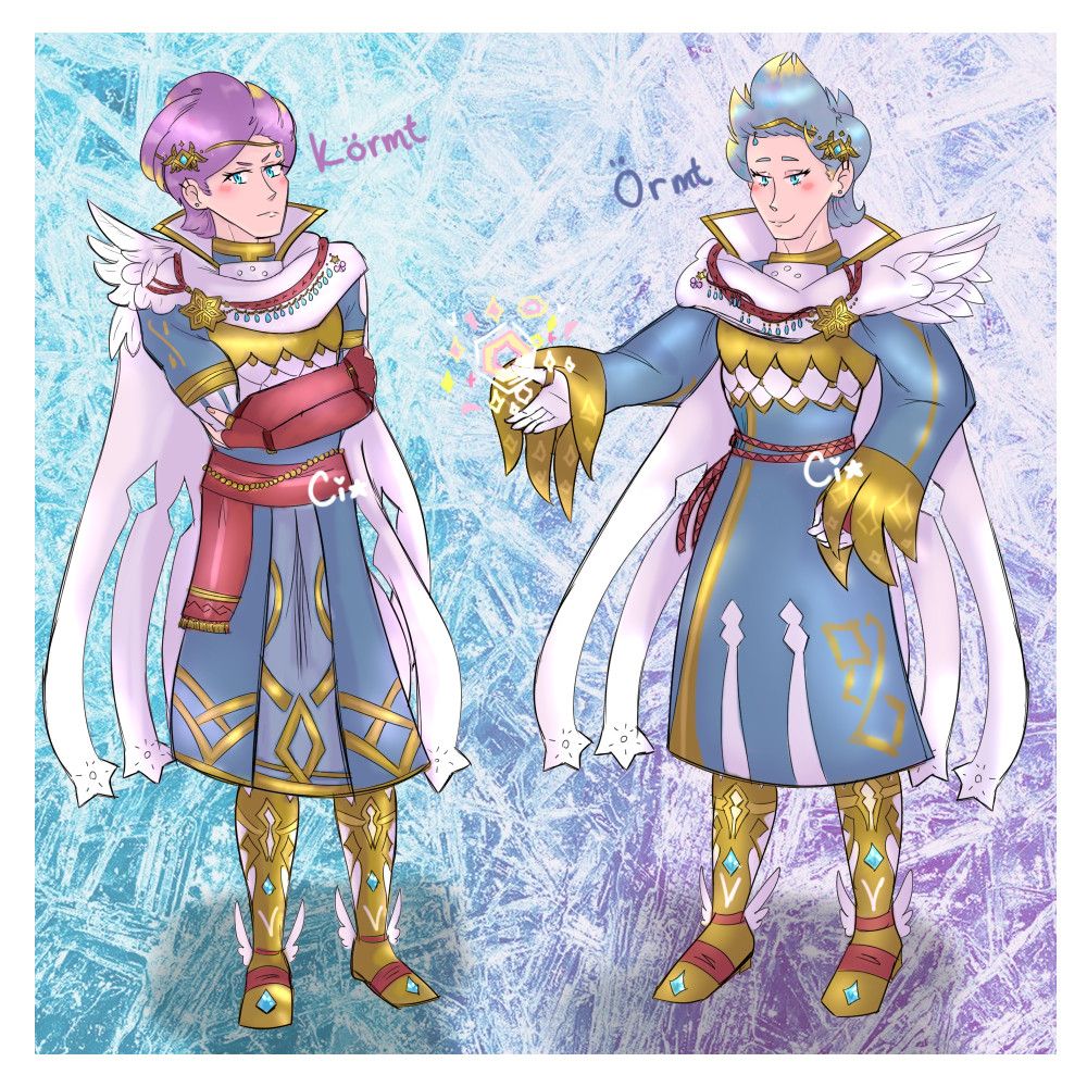 On the left is Kormt, a tall mage in blue, gold and white Nifl attire with red gloves and sash. His purple hair with blonde tips is slicked back and he stares judgementally at the viewer. Ormt is on the right, wearing a long-sleeved Nifl-style mage outfit with white gloves, thin red belts instead of a sash, but otherwise his outfit is similar to his brother's. Ormt smiles at the viewer, showing off some of his magic. His hair is a cowlick, light blue with blonde tips.