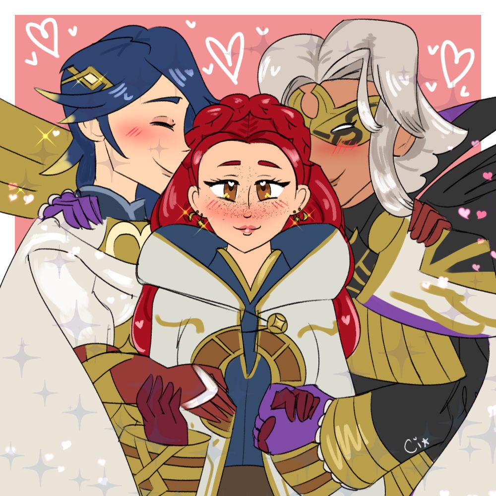 Vicky, a redheaded Summoner with hazel eyes, freckles and moon and star earrings, is smiling and receiving kisses from her partners Alfonse and Bruno from Fire Emblem Heroes.