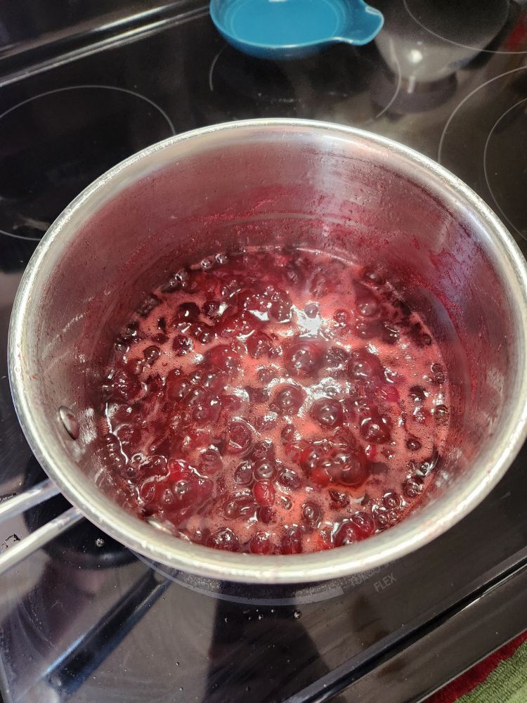 A pot of cranberries that have broken down and combined with sugar and water simmers on a stove.