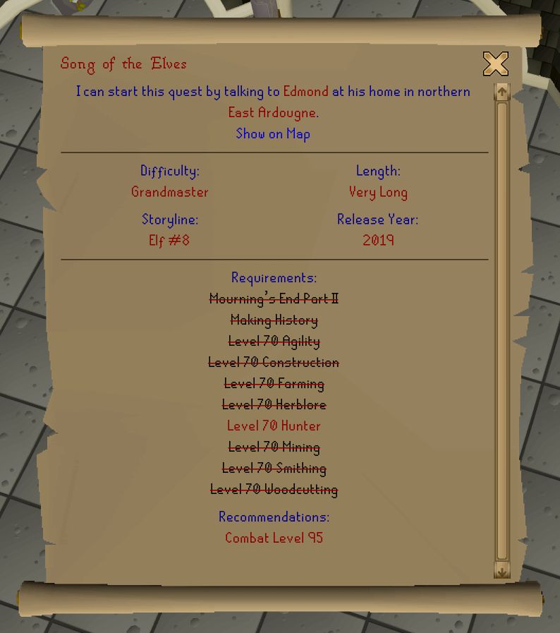 screenshot of quest log from runescape, with the quest "song of the elves" selected, all requirements are met expect for the hunter skill. 