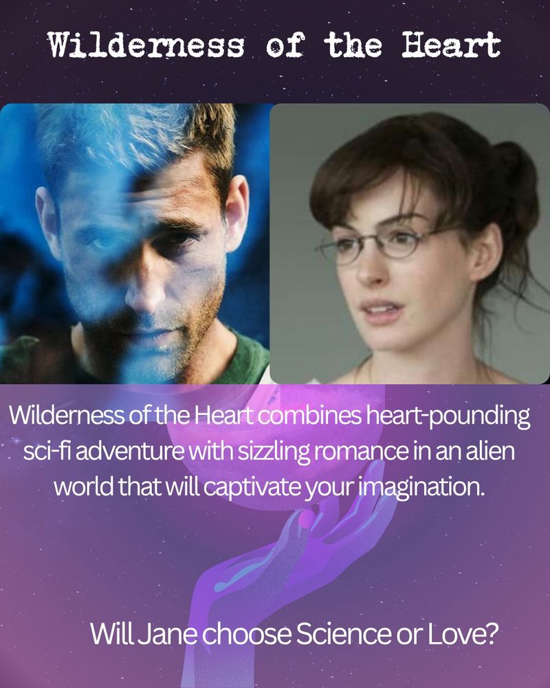 Ezra is represented by actor Oliver Jackson-Cohen and Jane is presented by Actress Anne Hathaway. The test reads Wilderness of the Heart
Wilderness of the Heart combines heart-pounding sci-fi adventure with sizzling romance in an alien world that will captivate your imagination.
Will Jane choose Science or Love?
