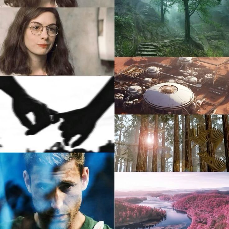Picture collage of Jane - fan cast as Anne Hathaway, two hands holding pinkies, Ezra fancast as Oliver Jackson-Cohen, a pink forest over a river, tree houses, and a space colony