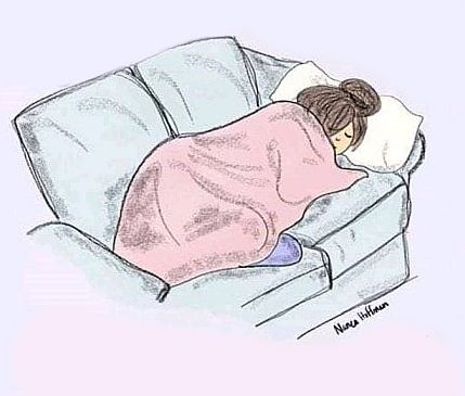 Drawing of a woman wrapped in a blanket asleep on a couch with her head resting on a pillow.