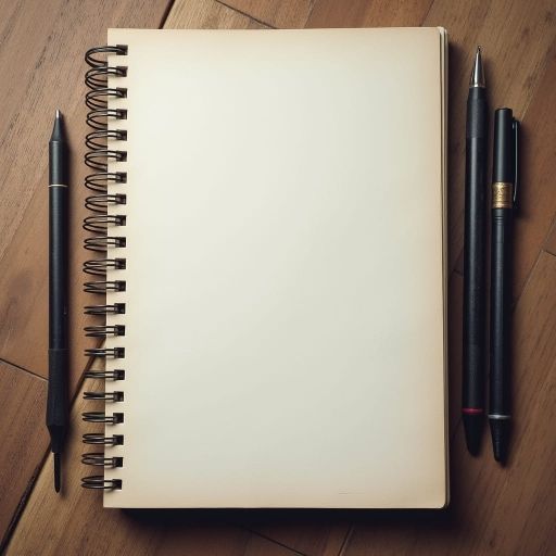A spiral bound journal turned to a clean white blank page.  Pens lie to either side of the journal.