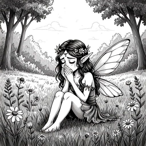 I don't know if a Meadow Fae can catch the 'flu, - or maybe she has hayfever which would be just as bad if not worse if you are a Meadow Fae.  Anyway this is a digital pen and ink sketch of a Meadow Fae sitting amongst the grass and wildflowers wiping her nose and looking fairly miserable.