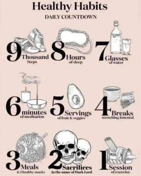 A list of healthy habits: 9 thousand steps' 8 hours sleep; 7 glasses of water; 6 minutes of meditation; 5 servings of fruit and vegetables; 4 breaks stretching & mental; 3 meals and 3 healthy snacks; 2 sacrifices in the name of the Dark Lord; 1 session of exercise. 
