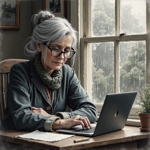 A grey haired woman in her 70s sits at a table next to a window in her cottage working on writing with her laptop.  It is a grey day and it is raining outside.