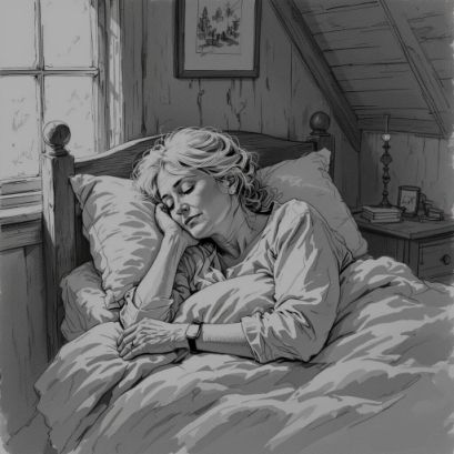 A pen and ink sketch of a woman asleep in her country cottage bedroom.