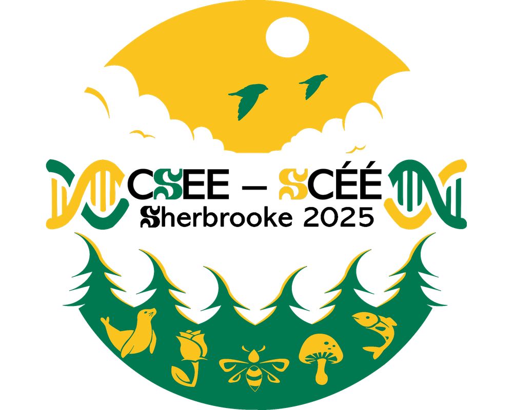 The official 2025 Sherbrooke CSEE-SCEE Meeting logo. Logo includes yellow and green cartoon images of DNA strands, birds, a mushroom, fish, seal, bee and plants.
