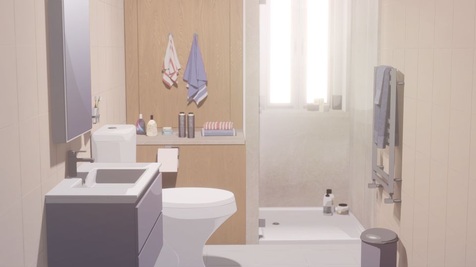 A toon shaded 3D rendered bathroom