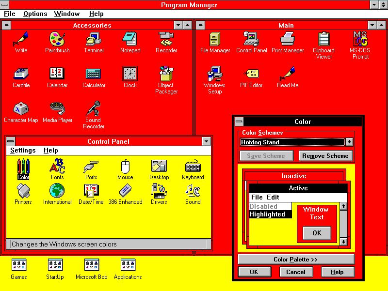 Screenshot of Windows 3.1 with the "Hotdog Stand" colour scheme: mostly full red (#ff0000) and full yellow (#ffff00) with white or black text, quite difficult to look at for long.