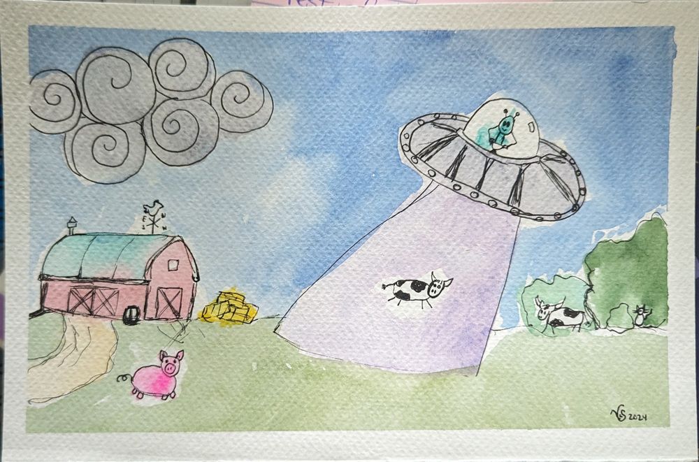 A small ink and watercolor painting of a farm at night. A red barn is in the distance, with a few barnyard animals, including a pig and some cows. To the centre right of the painting, a UFO is hovering over a cow, who is floating up to the spacecraft in a tractor beam, while the other animals look on
