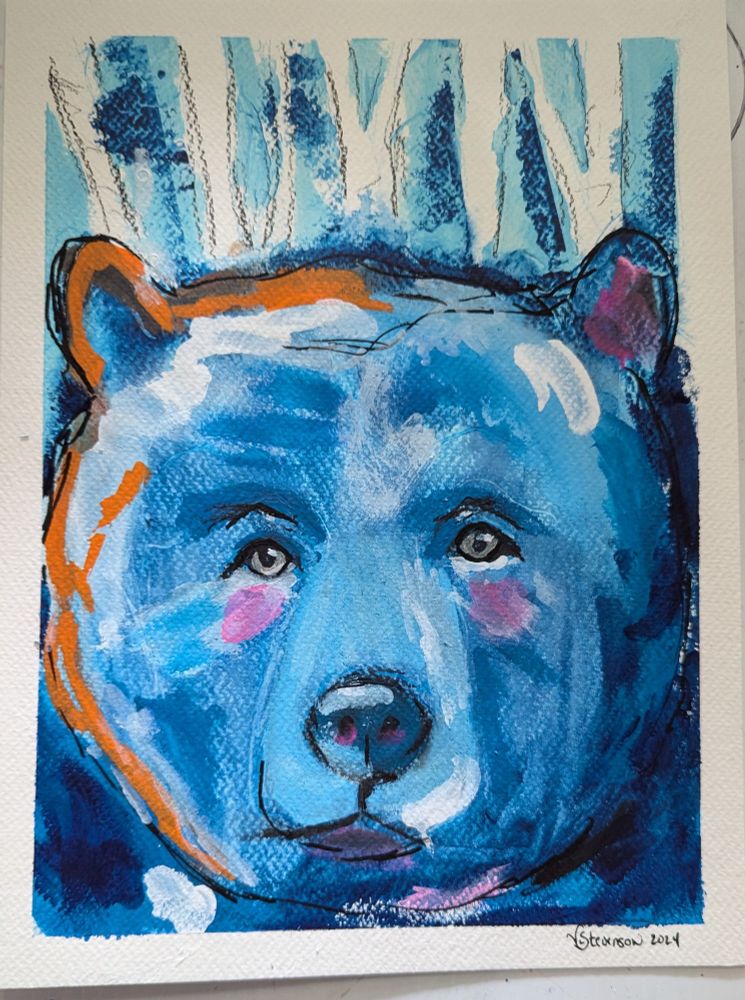 A mixed media painting of a bear's head, with birch trees in the background 