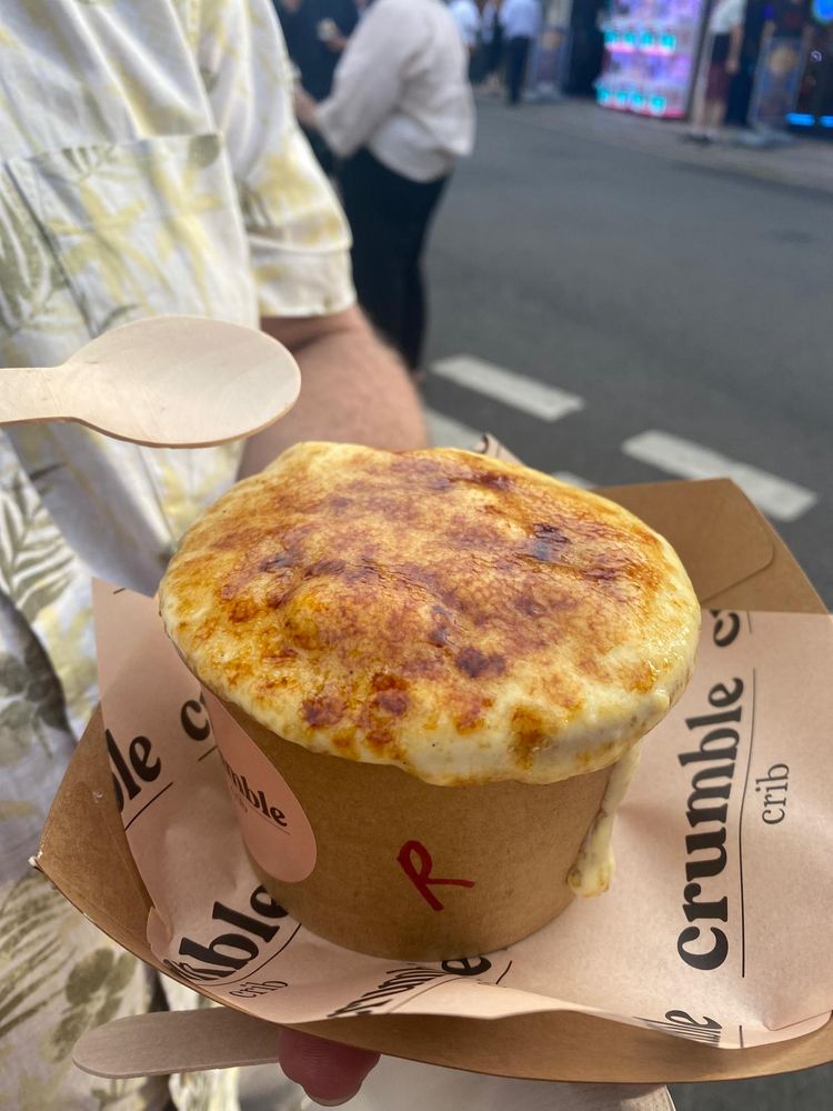 rhubarb crumble with shortbread crumb, with a brûlée custard topping