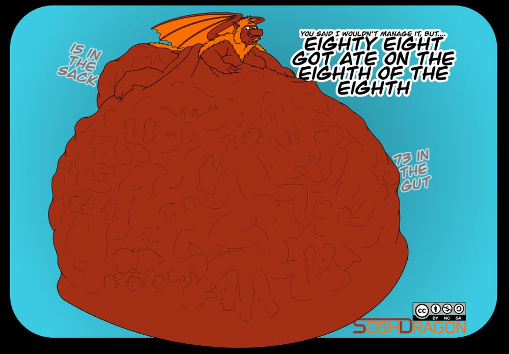 A picture of a red dragon with an orange mane and wings lying astride a massively distended stomach full of the outline shapes of people. There is text which says "You said I wouldn't manage it but...Eighty Eight Got Ate On The Eighth Of The Eighth".