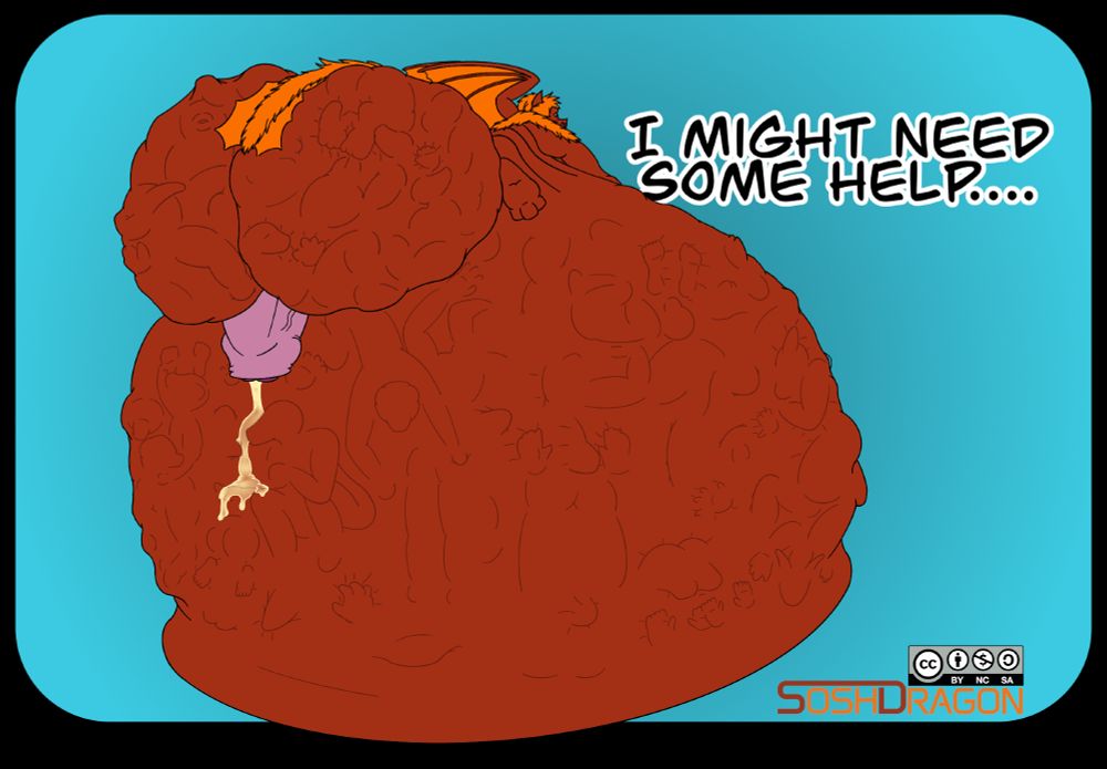 A picture of a red dragon with an orange mane and wings from behind, lying astride a massively distended stomach full of the outline shapes of people. Between their legs is a distended ballsack, also showing the outline shapes of people, and pushing down on a massive penis which is dribbling pre onto the dragon's underbelly.