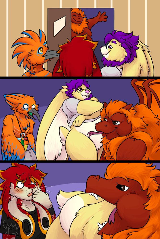 The first page of a comic with three panels.

The first panel has a red dragon with an orange mane opening a door to three other characters, from left to right there is an orange hoopoe with blue highlights on their crest, a red rabbit with orange highlights and a yellow rabbit with a purple mane and the most enormous ears.

In the second panel, the red dragon is licking the belly of the yellow rabbit as they're taking their clothes off. The orange hoopoe is looking on in surprise.

In the third panel, the bunny is waist-deep in the dragon's mouth while the red rabbit looks on nervously while blushing and trying to cover their mouth.