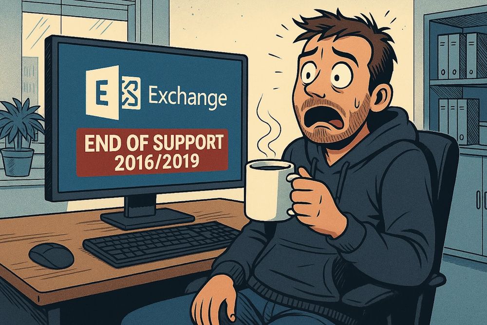KI-generierte Illustration eines gestressten IT-Administrators im Büro, der erschrocken mit einer Tasse Kaffee vor einem Monitor sitzt. Auf dem Bildschirm steht ‚Exchange – End of Support 2016/2019‘. Der Mann sieht schockiert und überfordert aus..