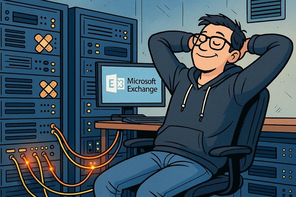 Comic-style Relaxed Exchange admin wearing a hoodie sits in front of a monitor with Exchange Server logo and text, servers with band aids in the back