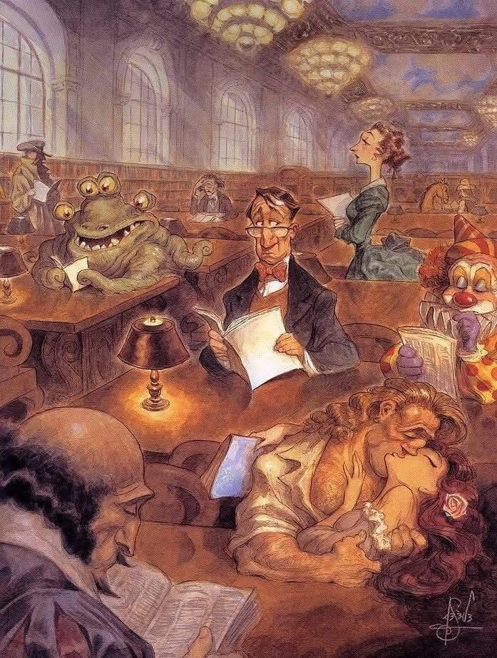 Man sits at a table in a library holding a book. His eyes are on the clown to his left. At the surrounding tables are characters from literature, Shakespeare, Poe, a bustled woman, an alien, a large romantic leading man passionately kissing a beautiful woman, a clown, a detective.
