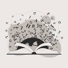 Black and white drawing of an open book. Letters float out of it, while the silhouette of a monster peeks out.