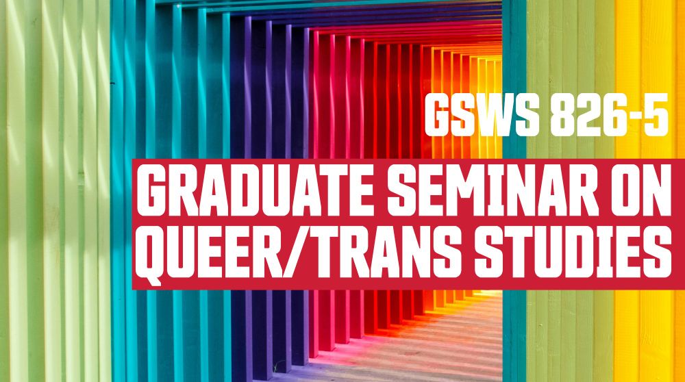 GSWS 826-5: GRADUATE SEMINAR ON QUEER/TRANS STUDIES; image: square archways made of wood, painted in colours of the rainbow, with the light casting shadows.