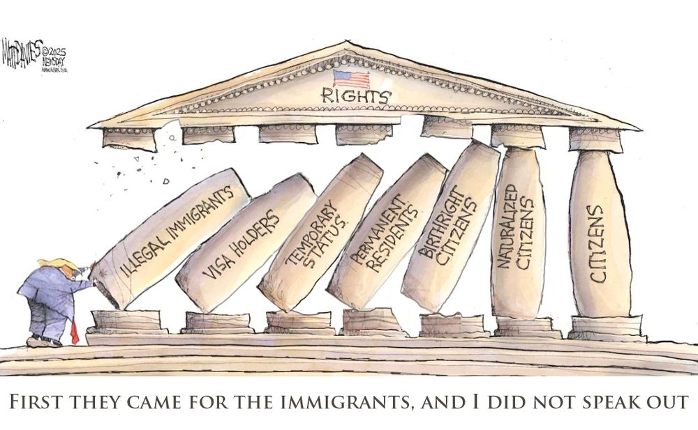 Pen & Ink Cartoon: The pillars of the Supreme Court falling as they are pushed by Donald Trump. Each pillar is labelled with a status from Illegal Immigrants to Citizens. Only Naturalized Citizens and Citizens are still standing. Titled: First they came for the immigrants and I did not speak out.
