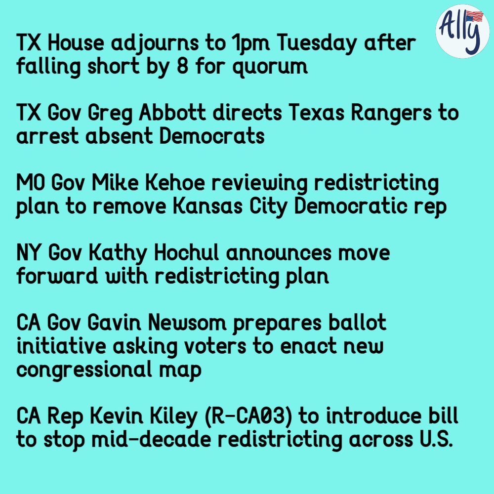 TX House adjourns to 1pm Tuesday after falling short by 8 for quorum

TX Gov Greg Abbott directs Texas Rangers to arrest absent Democrats

MO Gov Mike Kehoe reviewing redistricting plan to remove Kansas City Democratic rep

NY Gov Kathy Hochul announces move forward with redistricting plan

CA Gov Gavin Newsom prepares ballot initiative asking voters to enact new congressional map

CA Rep Kevin Kiley (R-CA03) to introduce bill to stop mid-decade redistricting across U.S.

Ally to Democracy Aug 5 2025