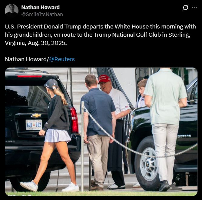 U.S. President Donald Trump departs the White House with his grandchildren, en route to the Trump National Golf Club in Sterling, Virginia, Aug. 30, 2025. 