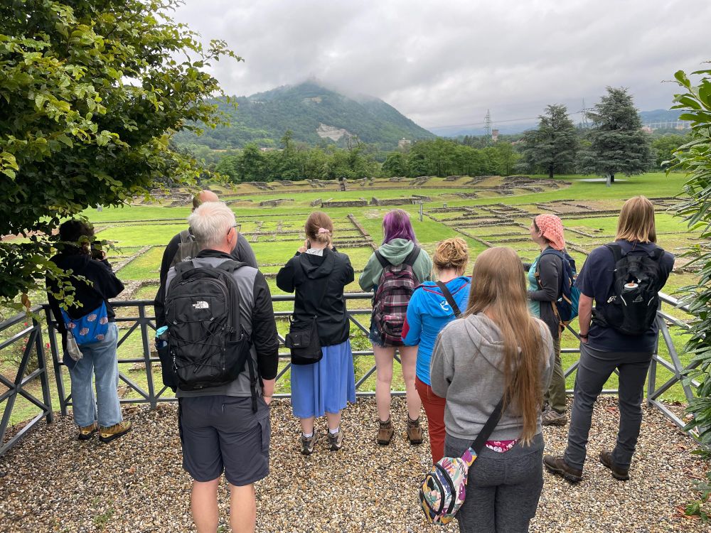 A group of archaeology students looking over the remains of a Roman town