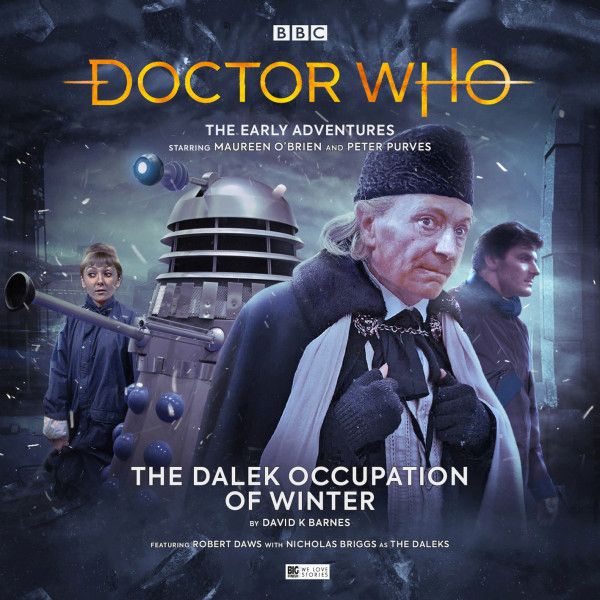 Album cover with the 1st Doctor, Vicki, Steven, and a Dalek with a snowy background