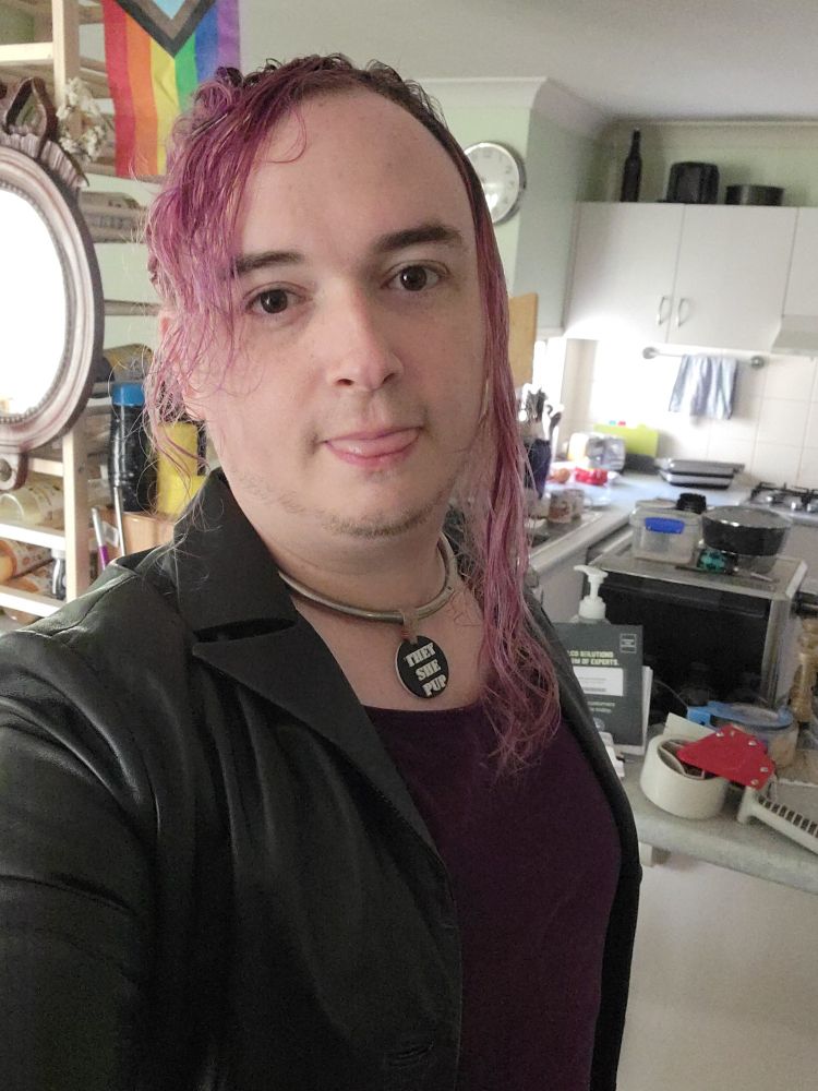 A selfie of an enby in front of a messy af kitchen (we're moving house, deal with it) wearing a purple corduroy dress, a leather coat and a bit of cultivated face fuzz