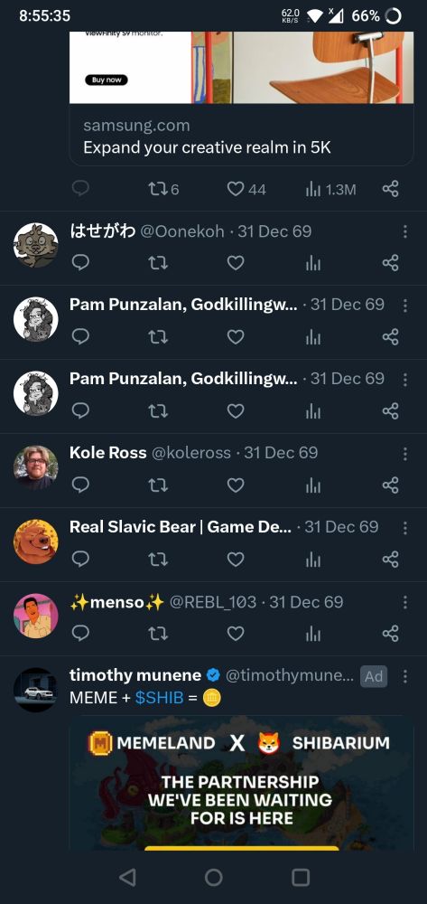 Screenshot of X/Twitter on Android, where text only tweets aren't showing text