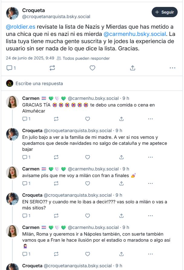 Conversación entre 2 de lo perfile que se refiere este hilo, metiendo datos innecesario como que han ido a lugares y visitado sitios para dar veracidad a sus perfiles fake