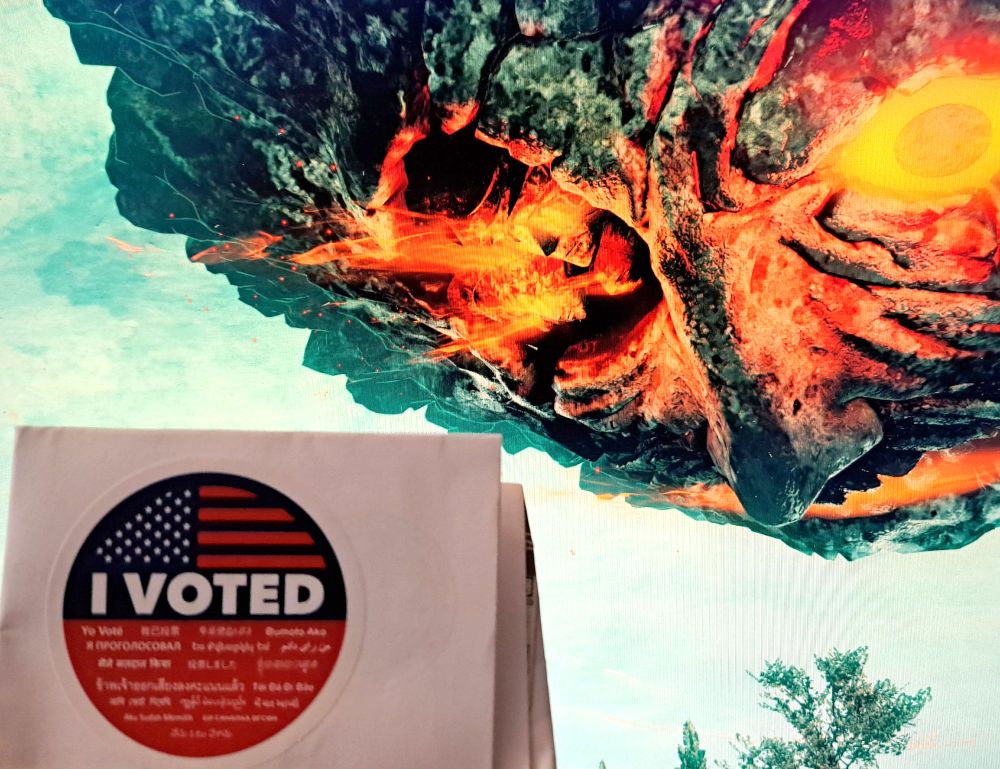 An "I VOTED" sticker for the 2024 USA election held up in front of the king's rock from Metaphor: ReFantazio.
