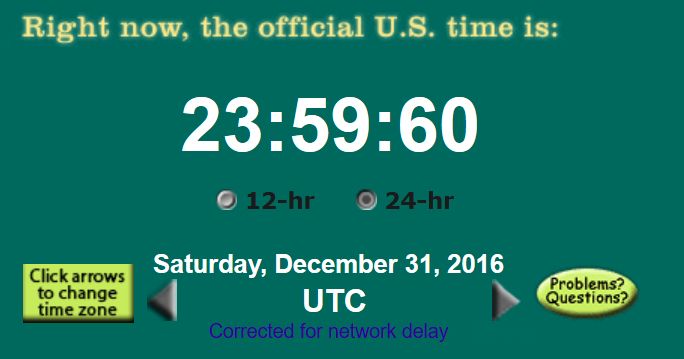 Screenshot of the UTC clock from time.gov during the leap second on 31 December 2016. The clock displays a time of 23:59:60.