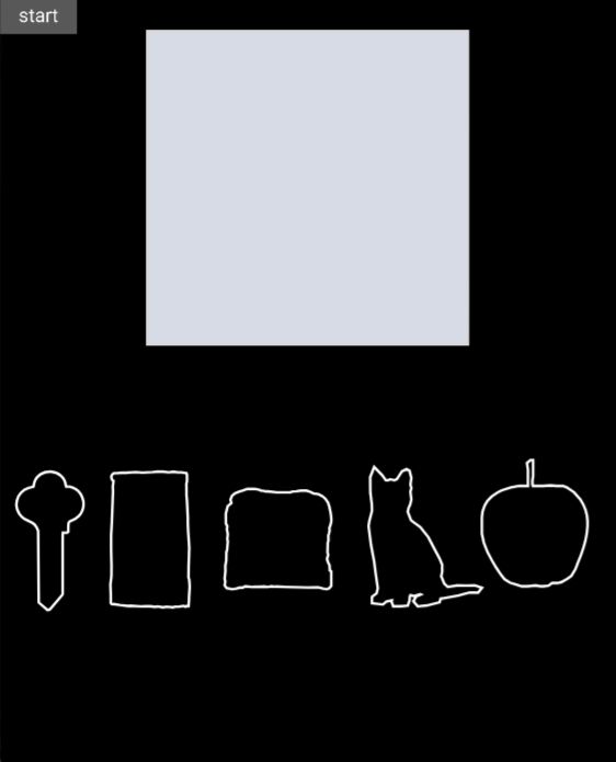 The screen presented during the object identification task. Participants could "touch" the blank box, then identify which object it is from the silhouettes presented at the bottom.